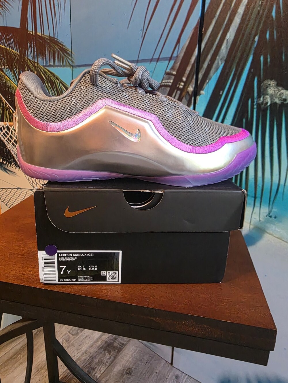 Nike LeBron XXIII Lux Bubble Boy Iridescent Silver & Purple Sneaker 7y/8.5 women